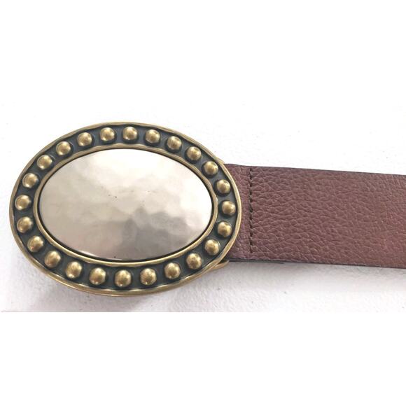Fossil Leather Belt Cognac Brown Oval Hammered Buckle Silver Brass Tones Medium - Picture 1 of 7